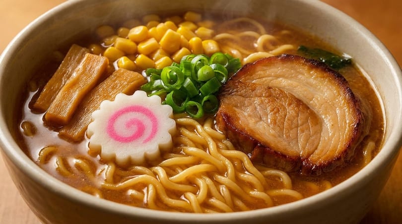 Steaming bowl of ramen with pork, corn, bamboo shoots, green onions, and a fish cake.