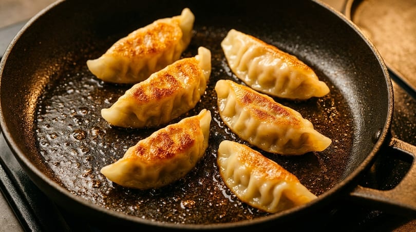 Six golden-brown pan-fried dumplings sizzle in a dark, oily skillet.