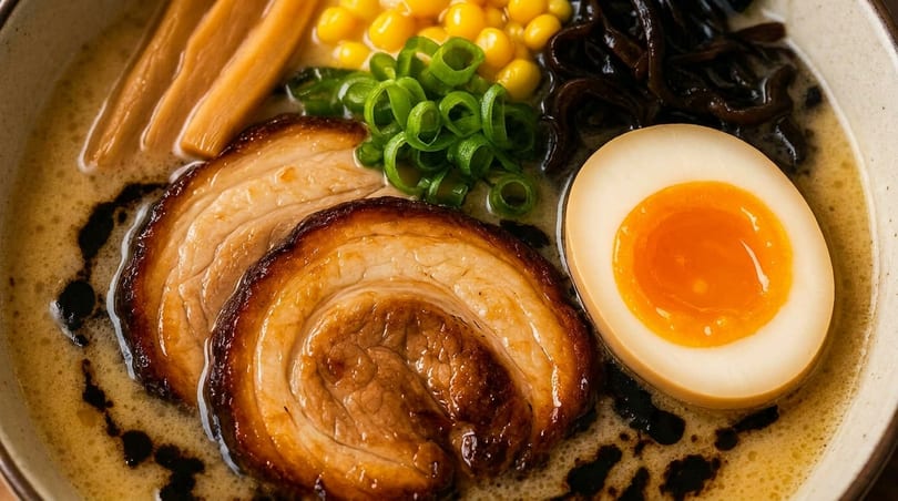 Close-up of ramen with pork belly, soft-boiled egg, corn, bamboo shoots, and green onions.