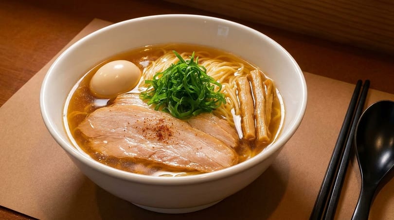 A bowl of ramen with pork, egg, bamboo shoots, green onions, and noodles in broth.