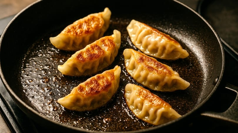 Six golden-brown dumplings sizzle in a black frying pan with oil.