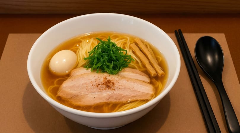 A bowl of ramen with pork, egg, green onions, and bamboo shoots, with chopsticks and spoon.